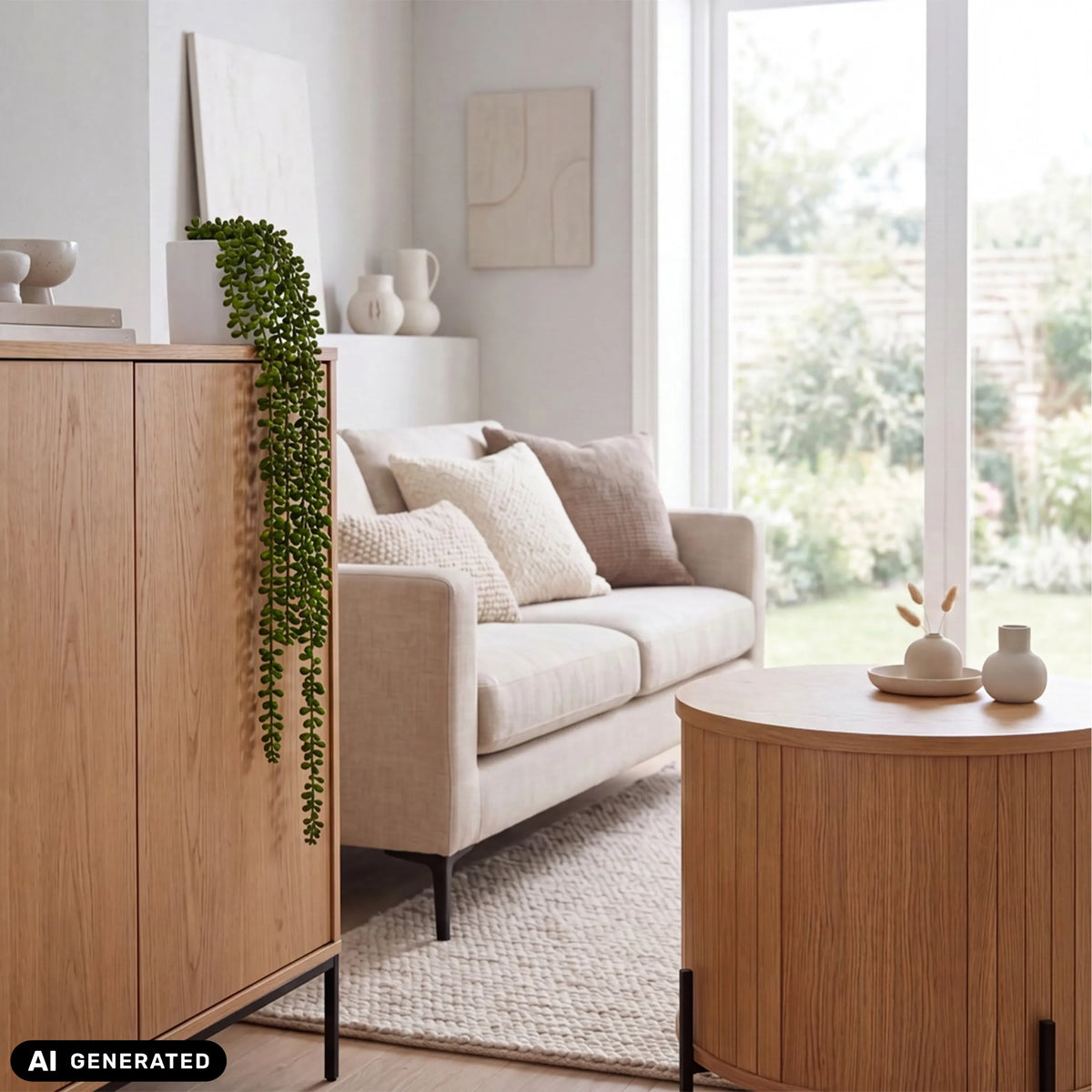 Holzschrank Senecio Climb in Grün mit einer hängenden Pflanze in einem hellen Wohnraum von hjh OFFICE