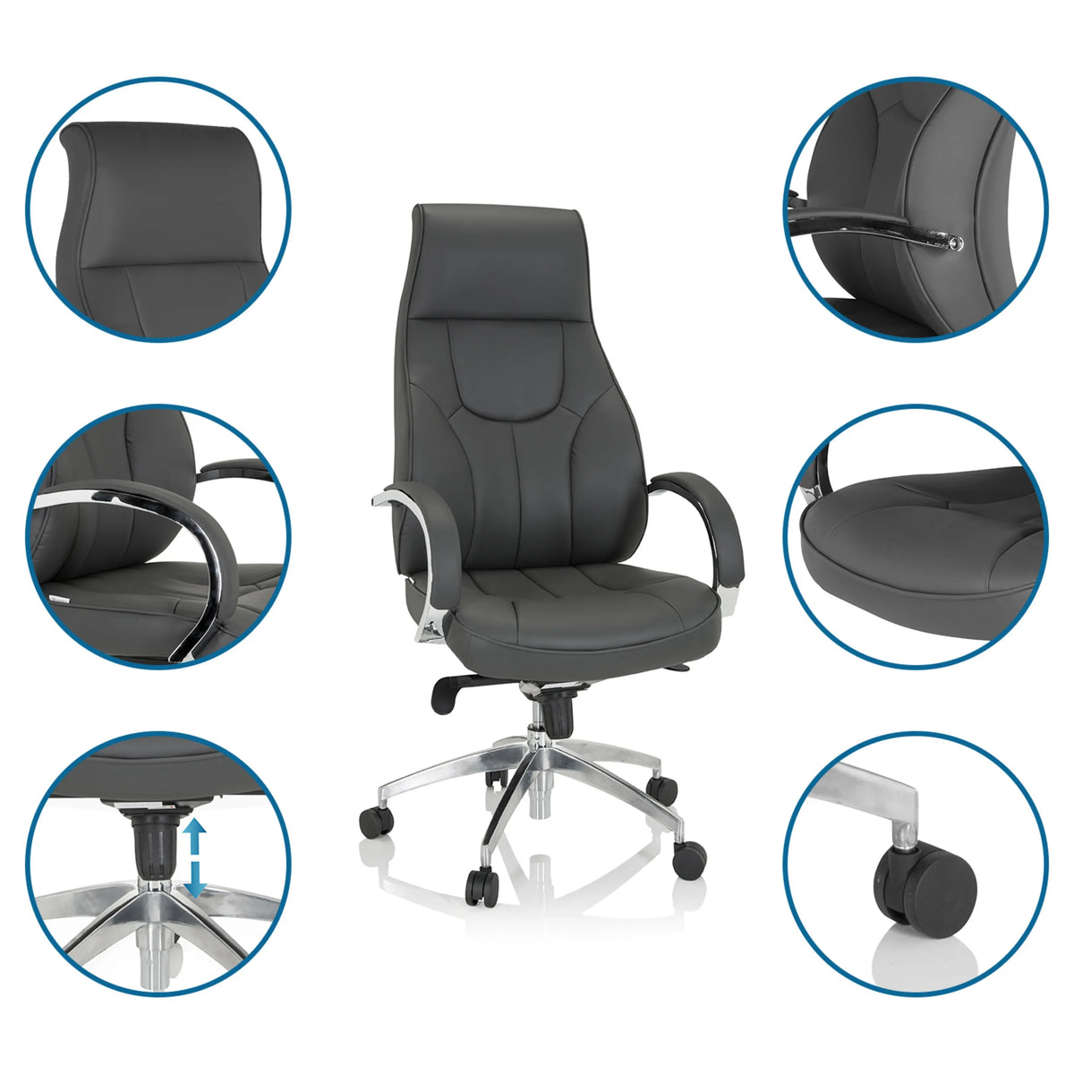 Grå Professionel chefstol ELEGANCE I med detaljevisninger af polstring, armlæn og gasfjeder fra hjh OFFICE