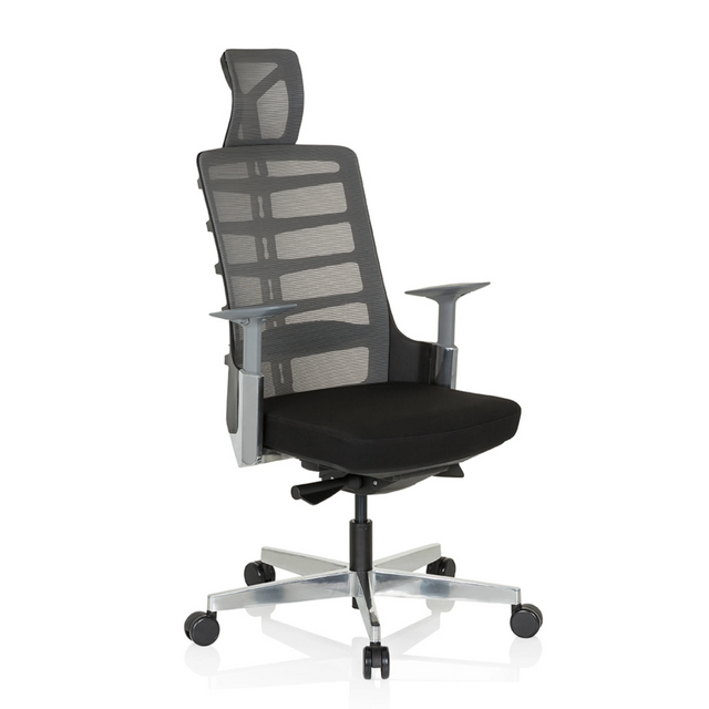 High-End-Bürostuhl SKARIF in Schwarz und Grau mit Netzrückenlehne und Kopfstütze von hjh OFFICE