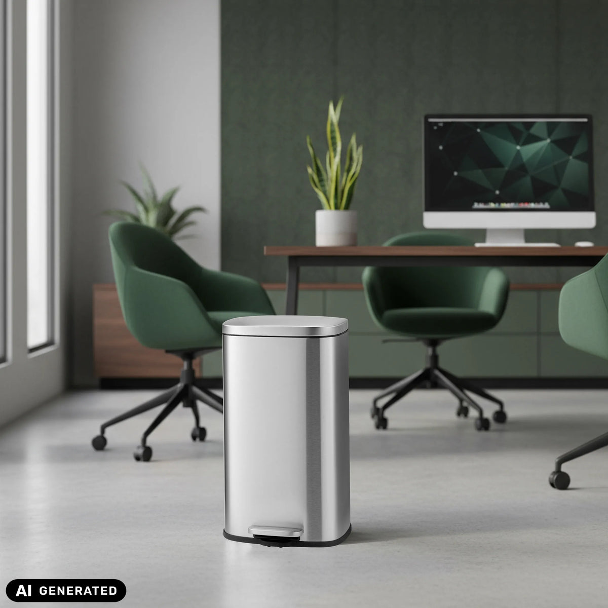 Sølvfarvet papirkurv Clean 15 med 30 liters kapacitet og pedal fra hjh OFFICE (AI-genereret billede)