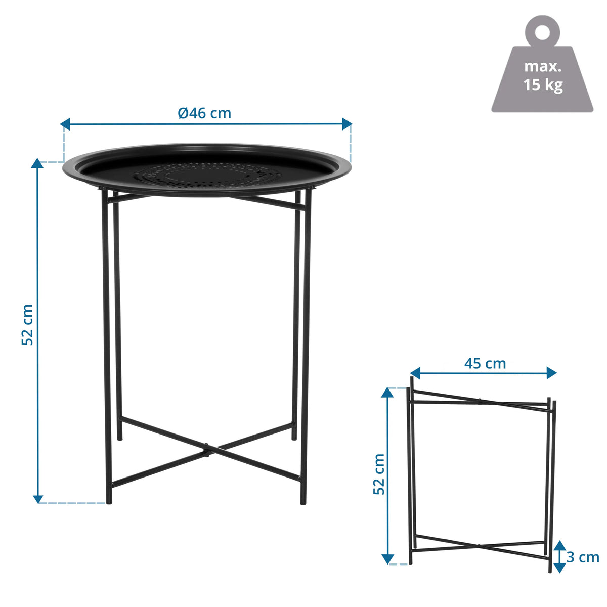 Teknisk tegning af Sidebord ALLRUND med 46 cm i diameter og 52 cm i højde fra hjh LIVING