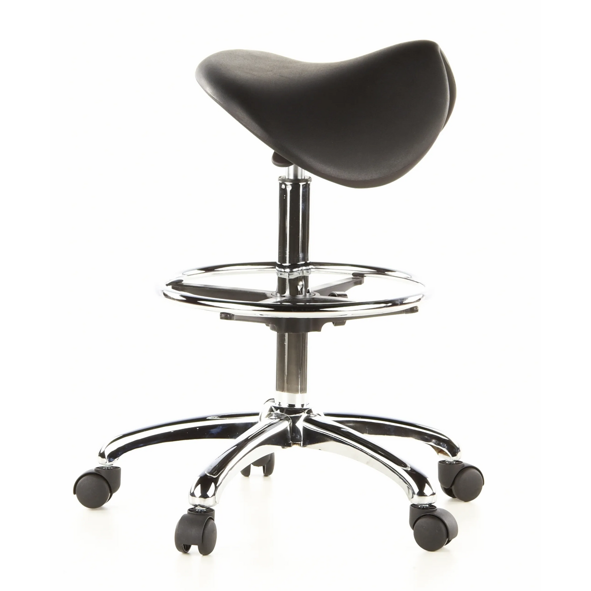 Sort sadelskammel TOP WORK 13 med fodring og femstjernet fodkryds med hjul fra hjh OFFICE – 360-graders visning (sideprofil 80°)