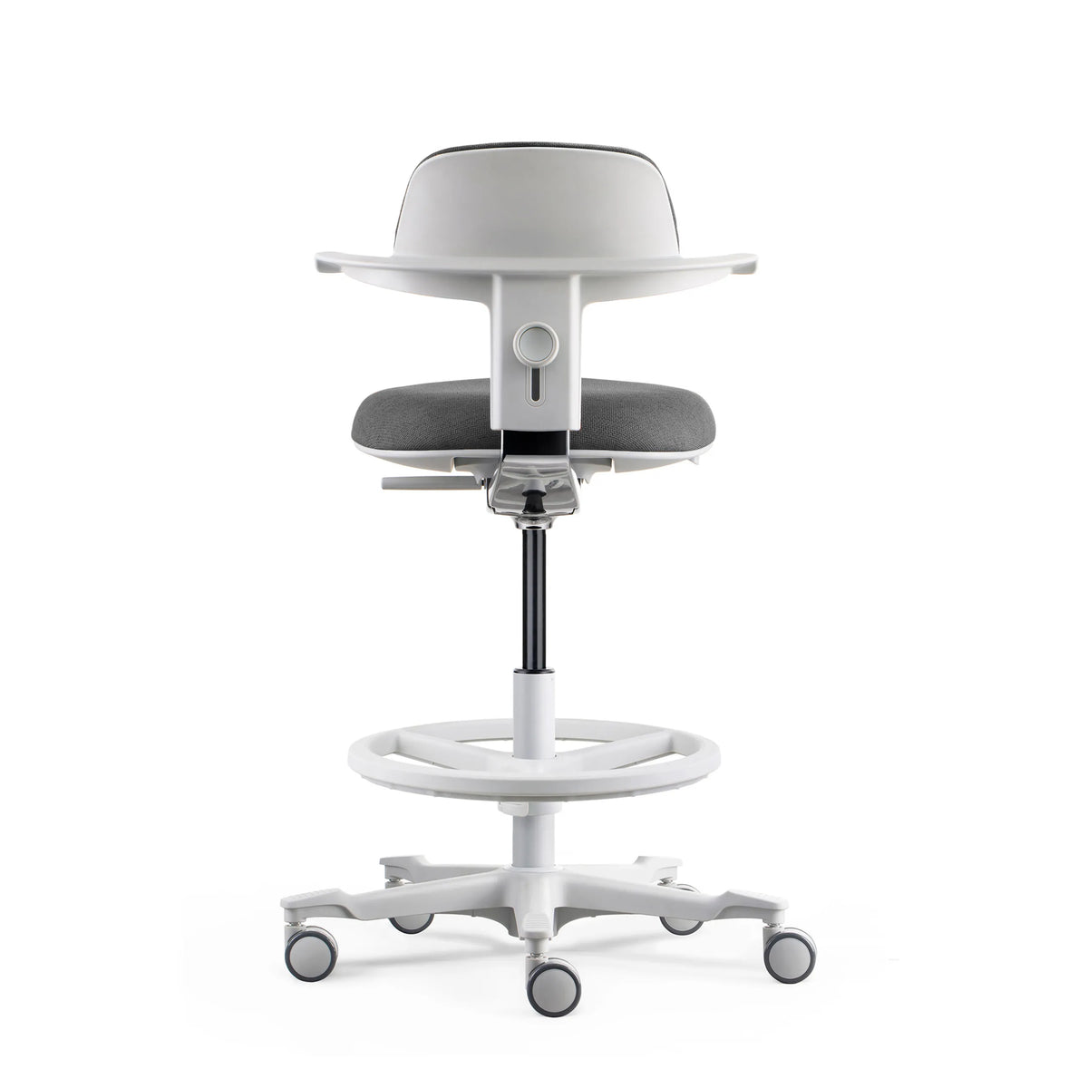 Bagvisning af den mørkegrå Arbejdsstol TOP WORK 40 W med fodring og hjul fra hjh OFFICE