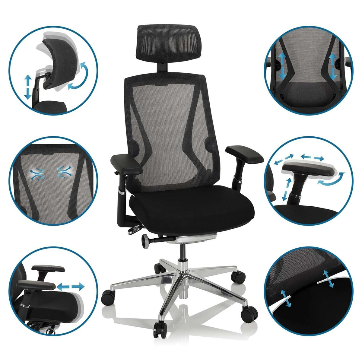 High End kontorstol INSPERO i sort med justerbare armlæn og nakkestøtte fra hjh OFFICE
