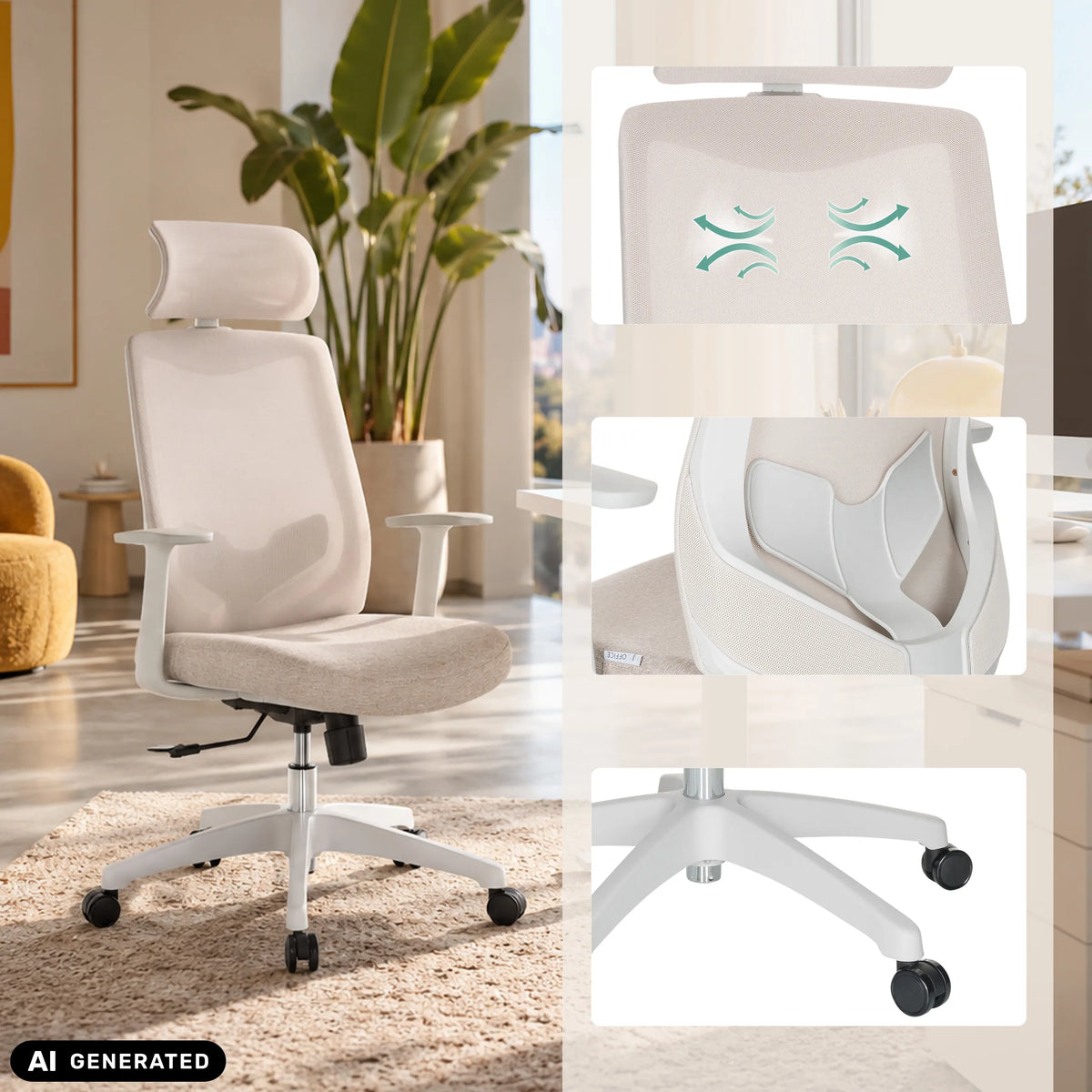 Beige Home Office kontorstol MIKEO W med netryg og nakkestøtte ved et skrivebord fra hjh OFFICE