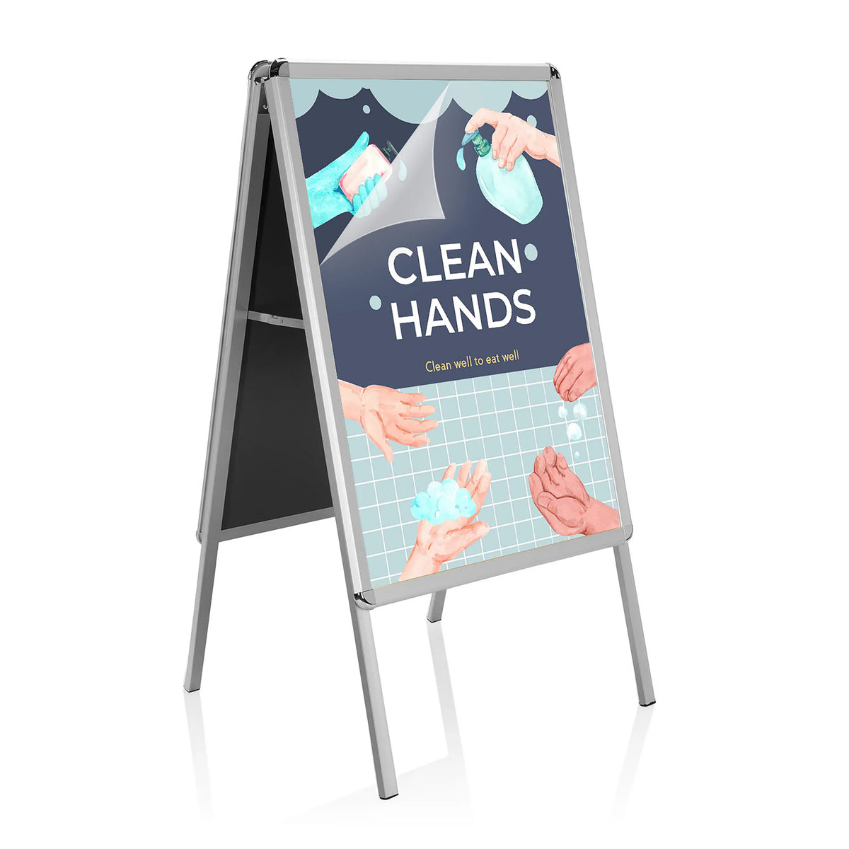 Plakatstander AGENDA II som kundestopper i aluminium med reklameplakat fra hjh OFFICE