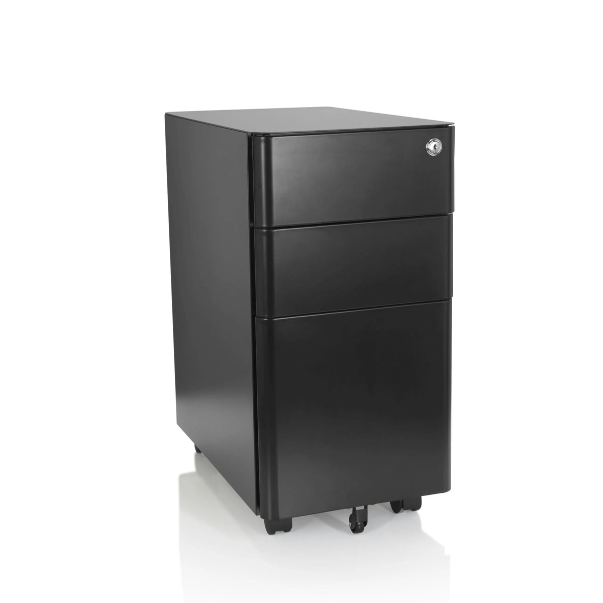 Sort metal rullecontainer COLOR I med tre skuffer og fire hjul fra hjh OFFICE – 360-graders visning (forfra 20°)