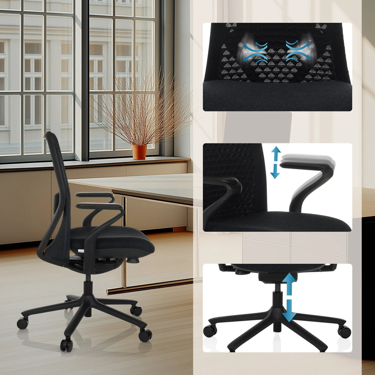 Åndbart ryglæn, højdejusterbare armlæn og gasfjeder på High End kontorstol VERVIO fra hjh OFFICE