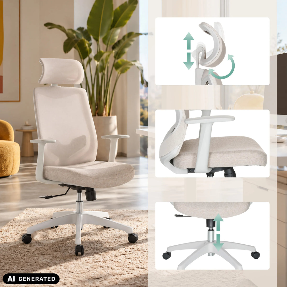 Home Office kontorstol MIKEO W i beige med justerbar nakkestøtte og armlæn fra hjh OFFICE