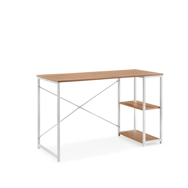 Skrivebord Easy Up2 i hvid og eg med integreret hylde og krydsstiver fra hjh LIVING