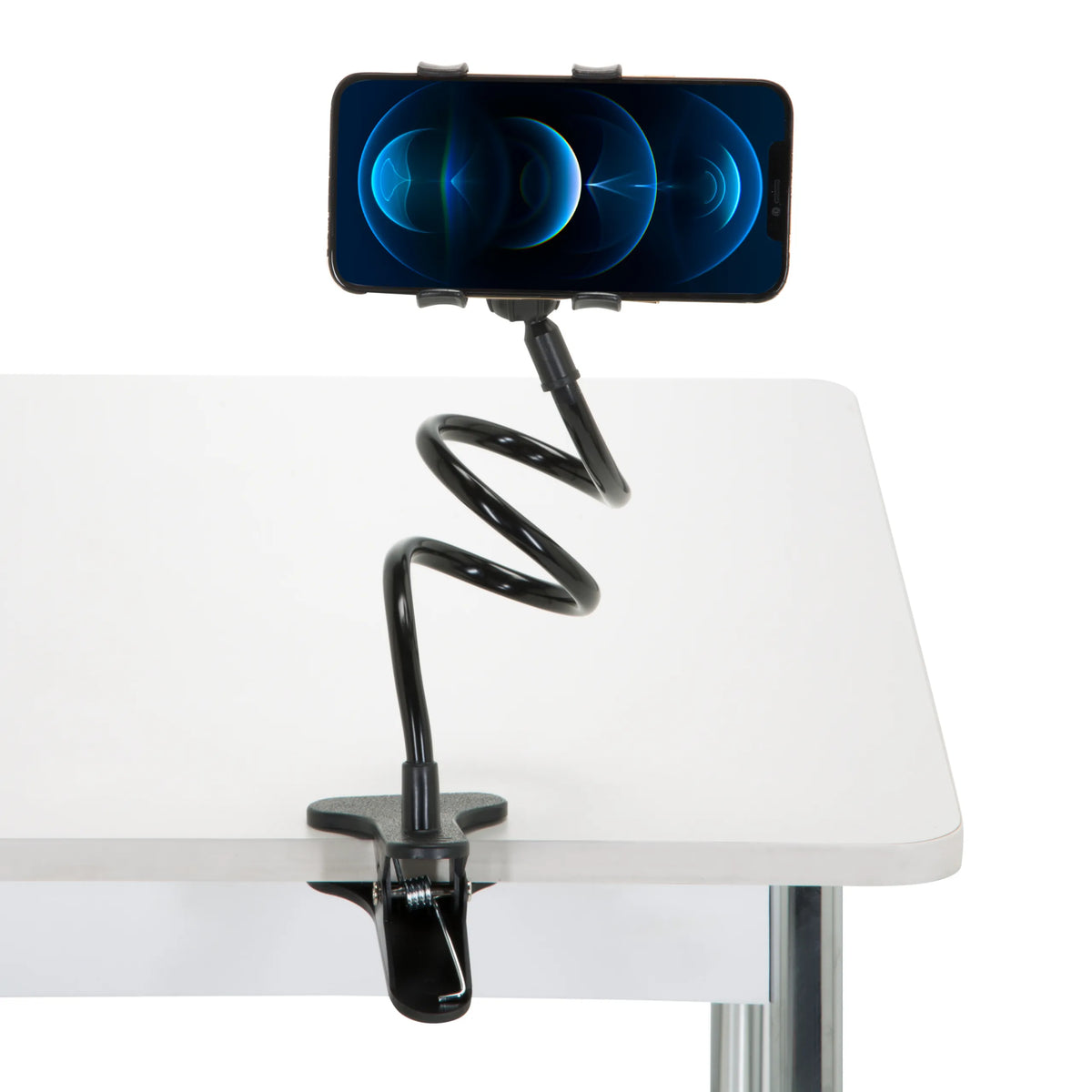 Sort holder til mobiltelefon & tablet FLEXMOBI med fleksibel svanehals og bordklemme fra hjh OFFICE – 360-graders visning (forfra 0°)