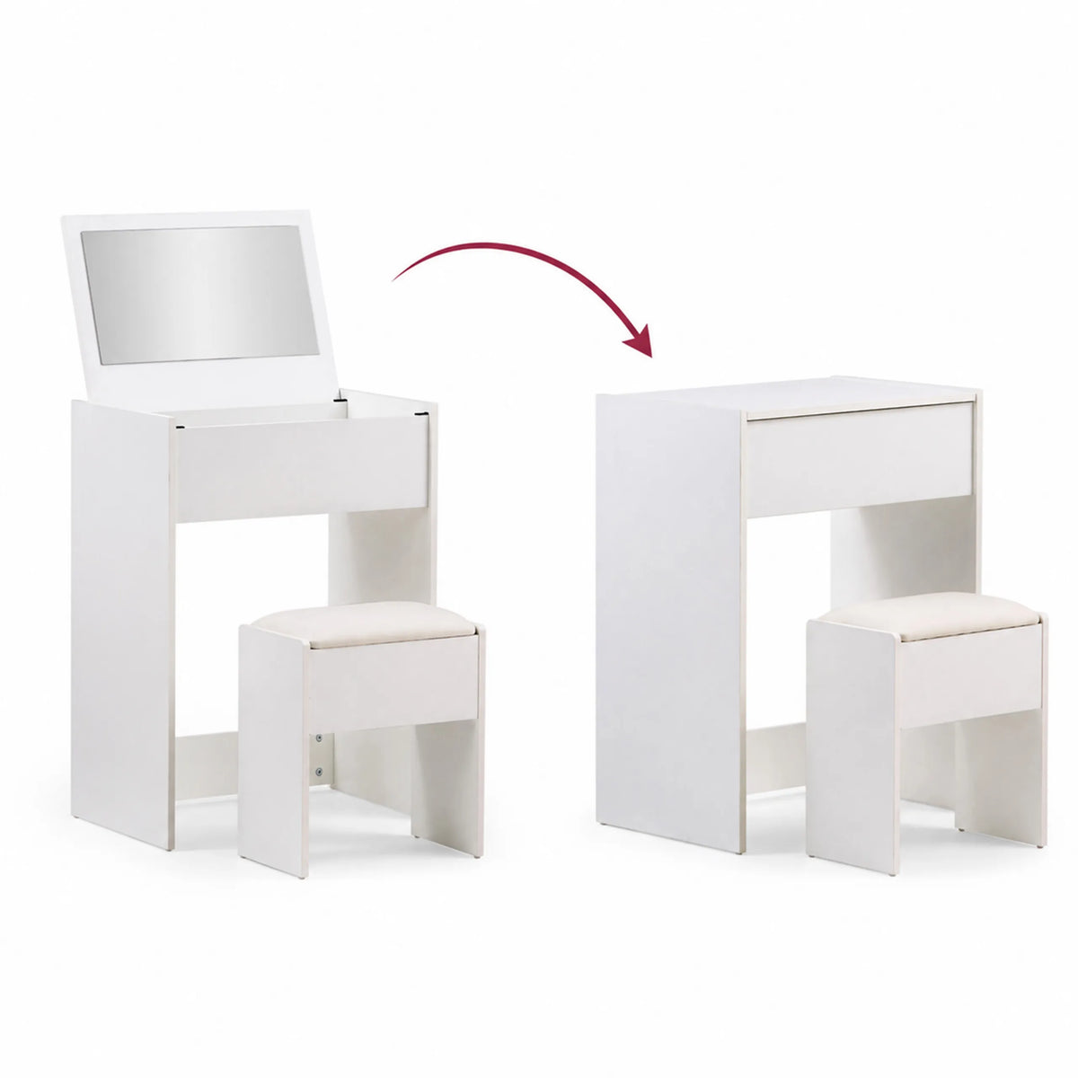 Åbning og lukning af det sammenklappelige Glamdesk Makeup-spejl i hvid med matchende taburet fra hjh LIVING