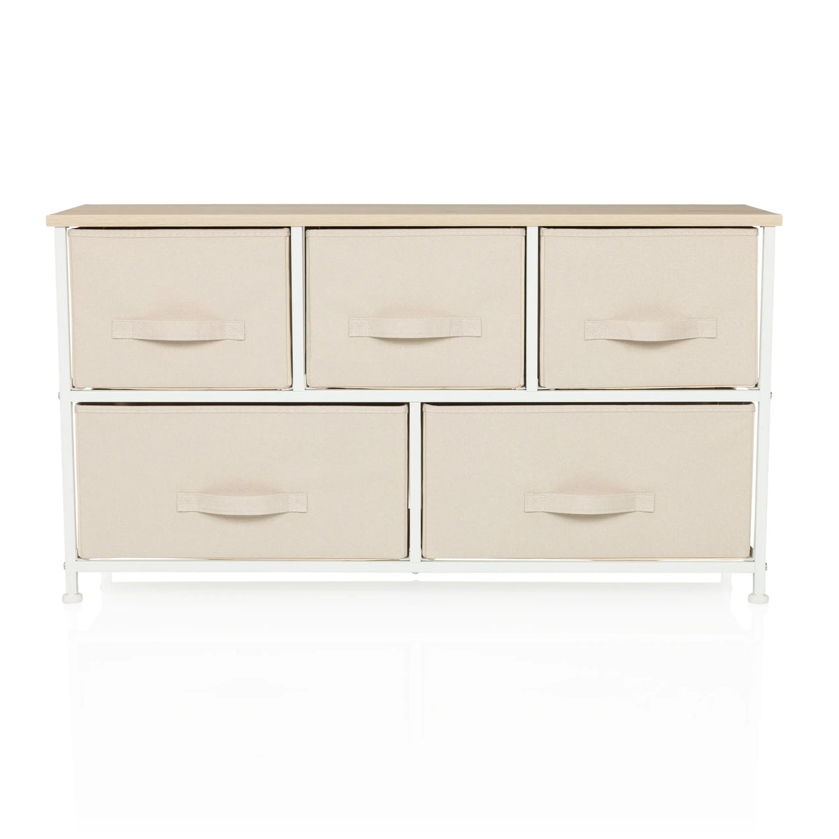 Beige Kommode FOLDAR med fem stofskuffer og hvidt stel fra hjh LIVING – 360-graders visning (forfra 0°)