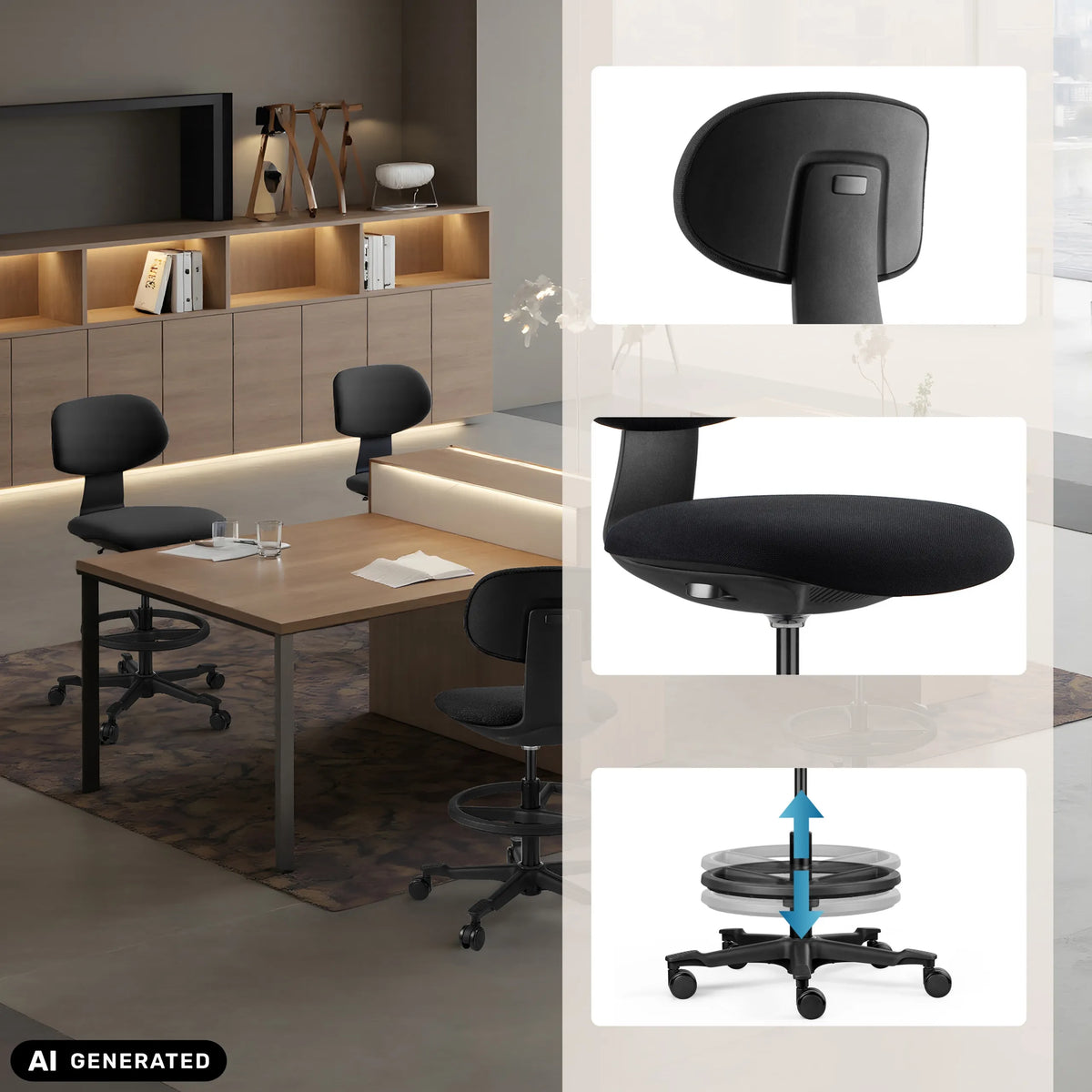 Højdejusterbar WORK MF2 arbejdsstol i sort med stjernefod og hjul fra hjh OFFICE (AI-genereret billede)
