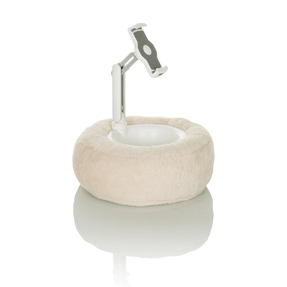Beige holder til mobiltelefon & tablet COMFILAP II med blød ringpude fra hjh OFFICE – 360-graders visning (skråt bagfra 144°)
