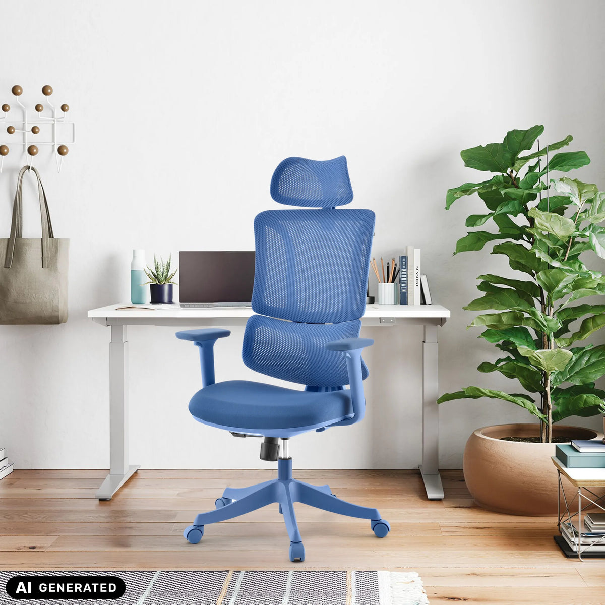 Blå Ergomy Colore Home Office kontorstol med netryglæn og nakkestøtte fra MyBuero (AI-genereret billede)