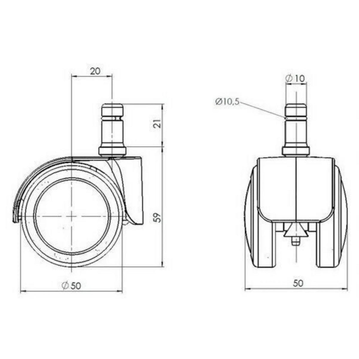 Teknisk tegning af Stolehjul 5x ROLO LUX 10mm/50mm med en diameter på 50 mm fra hjh OFFICE