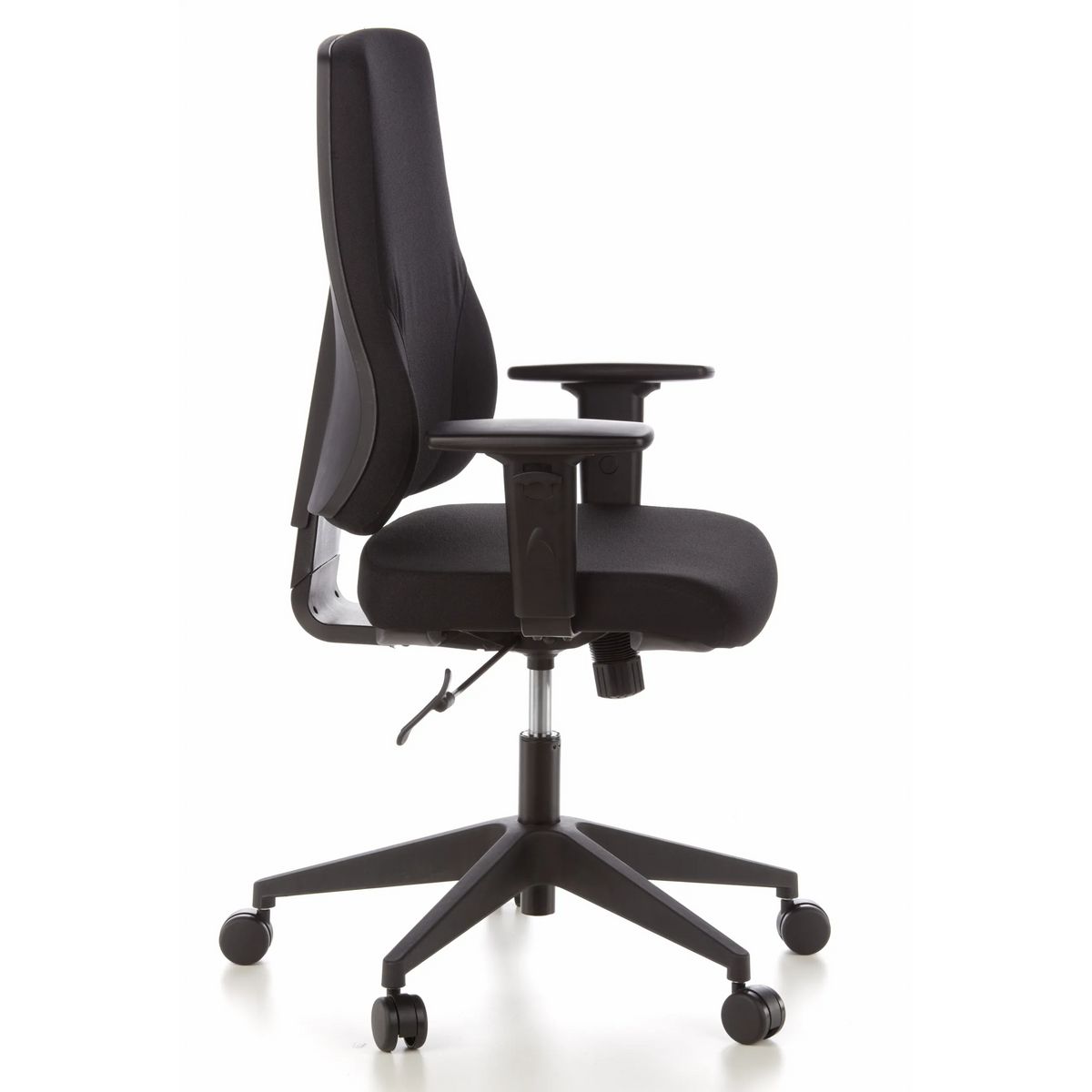 Sort Professionel kontorstol PRO-TEC 100 med armlæn og femhjulet fodkryds fra hjh OFFICE – 360-graders visning (sideprofil 80°)