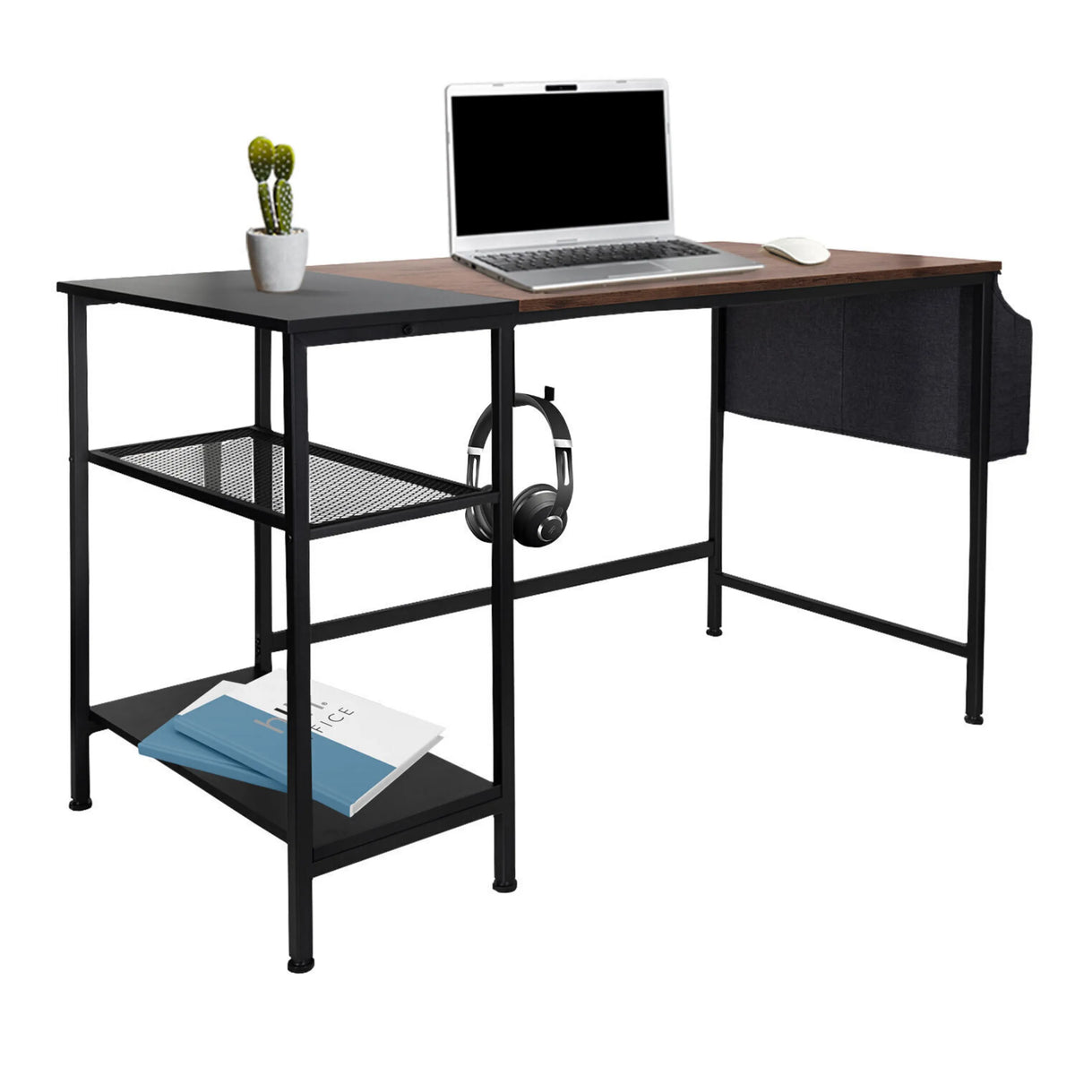Skrivebord WORKSPACE H I i sort og brun med to hylder og en sidelomme fra hjh OFFICE