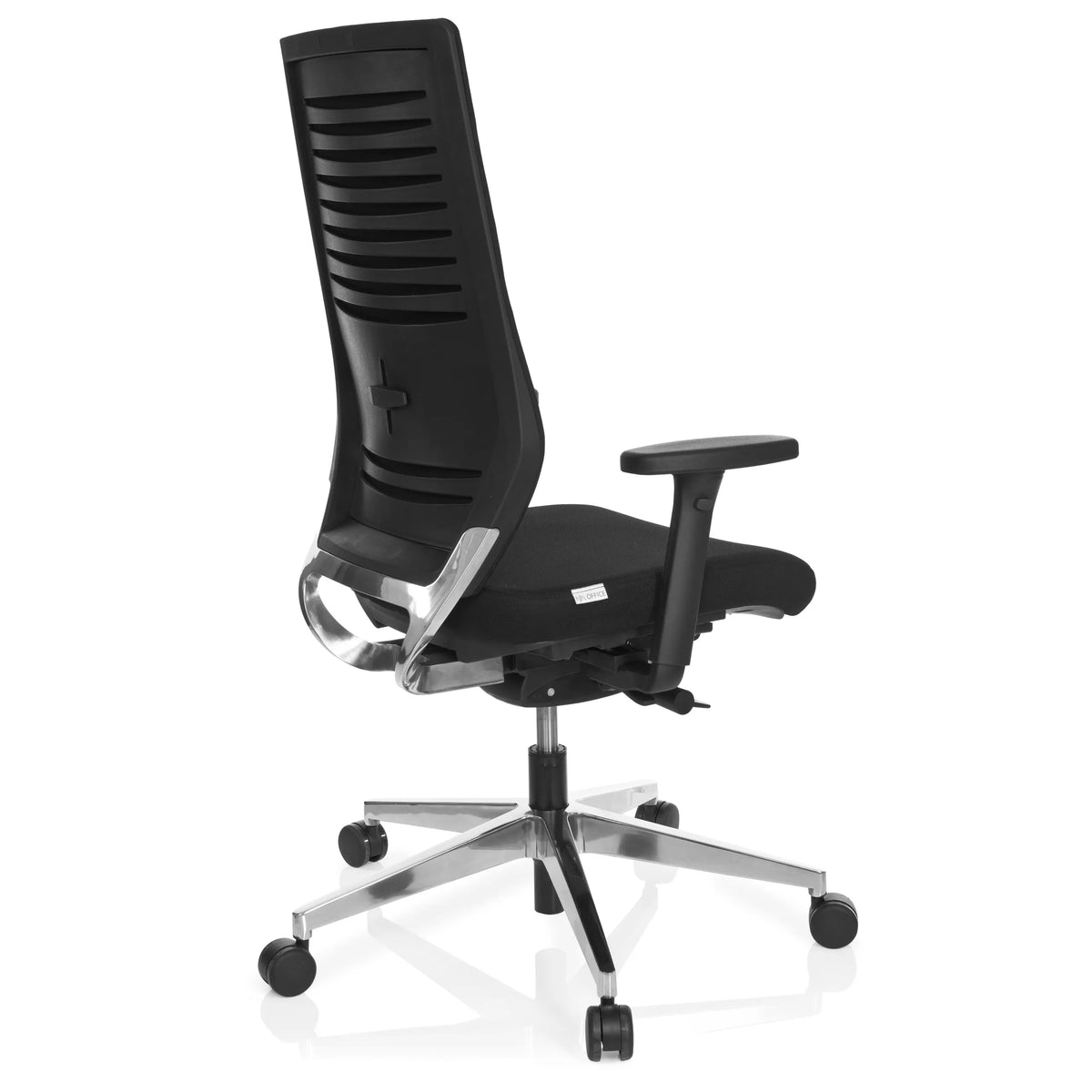 Sort Professionel kontorstol PRO-TEC 700 med armlæn og blankt femstjernet fodkryds med hjul fra hjh OFFICE – 360-graders visning (skråt bagfra 120°)
