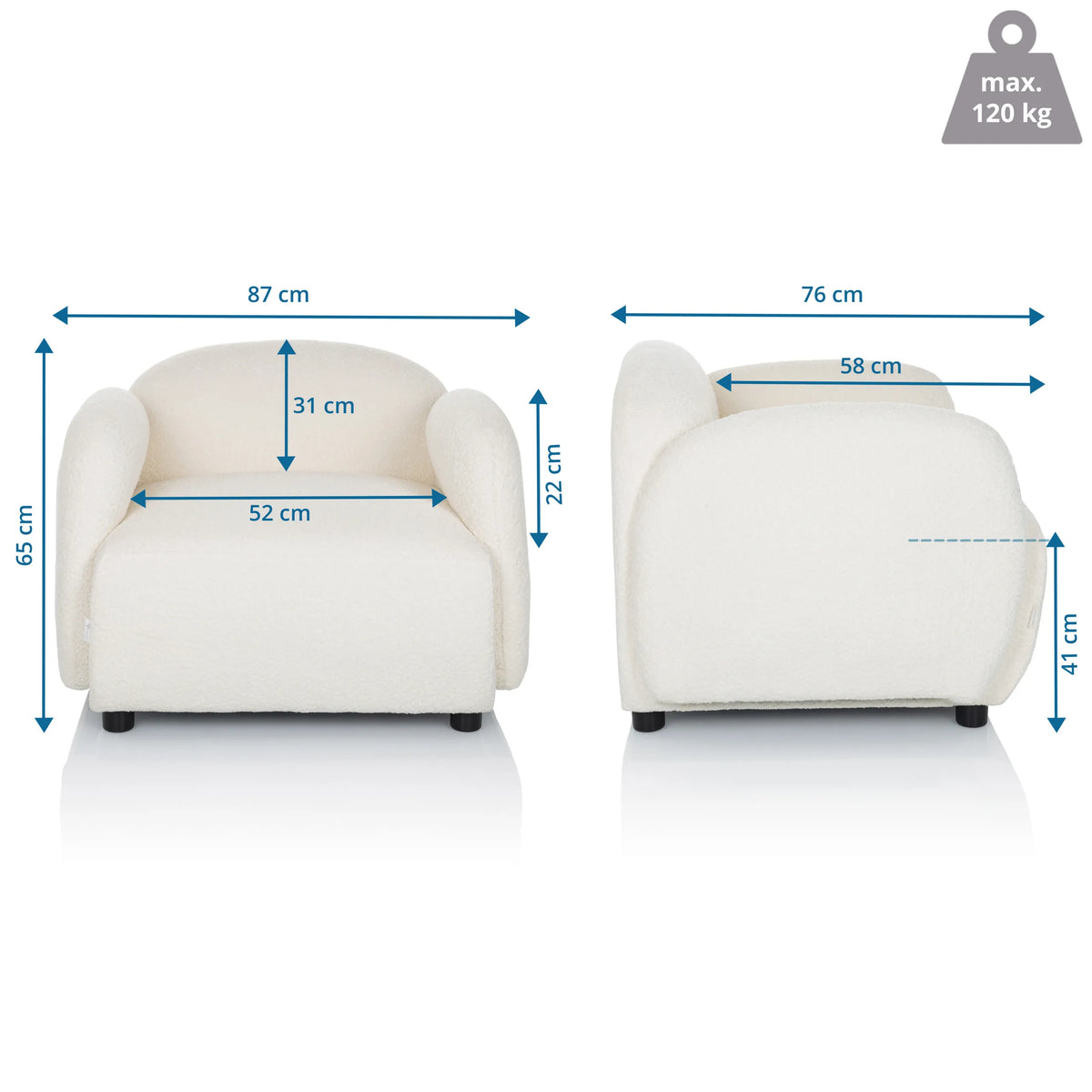 Måltegning af Loungelænestol VERDUNA med en bredde på 87 cm og en højde på 65 cm fra hjh LIVING