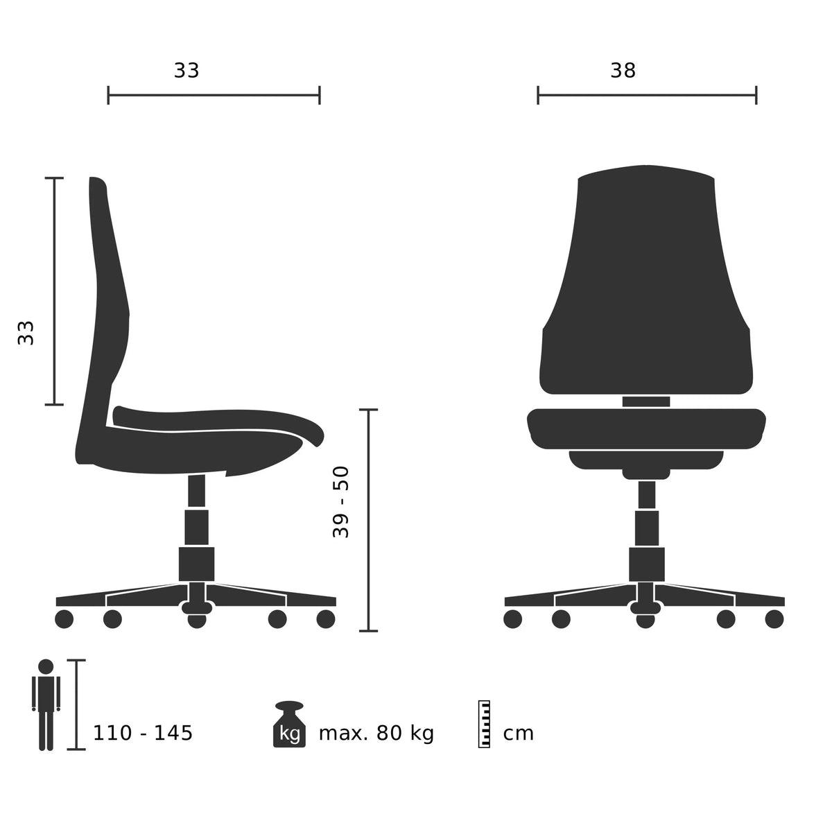 Teknisk tegning af Drejestol til børn KIDDY BASE I med en bredde på 38 cm fra hjh OFFICE