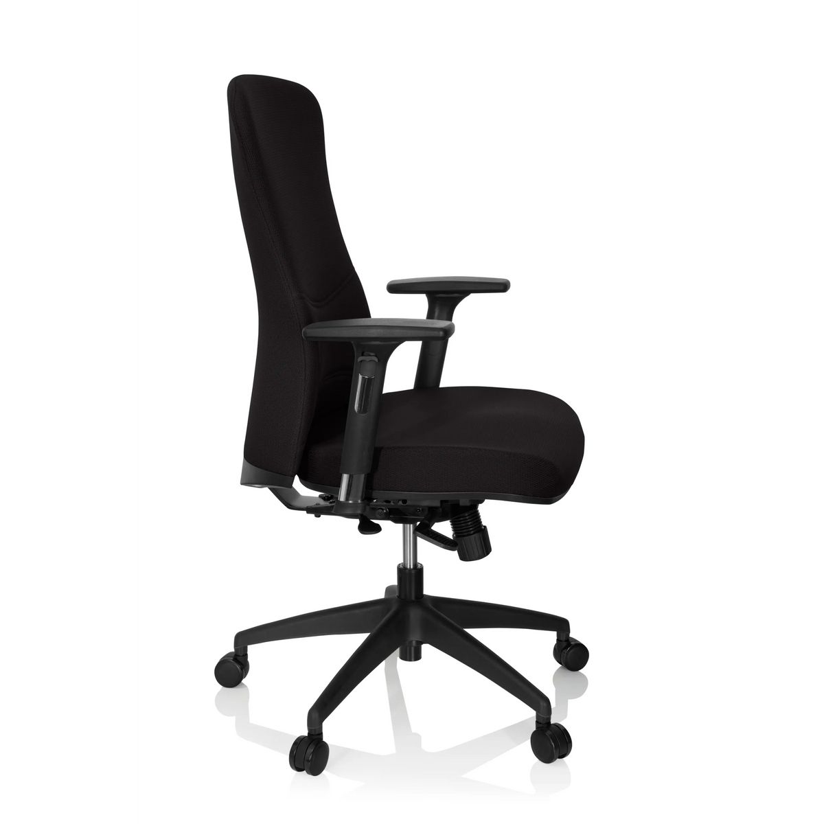 Sort Professionel kontorstol OFFICE XT PRO med armlæn og femhjulet fodkryds fra hjh OFFICE – 360-graders visning (sideprofil 80°)