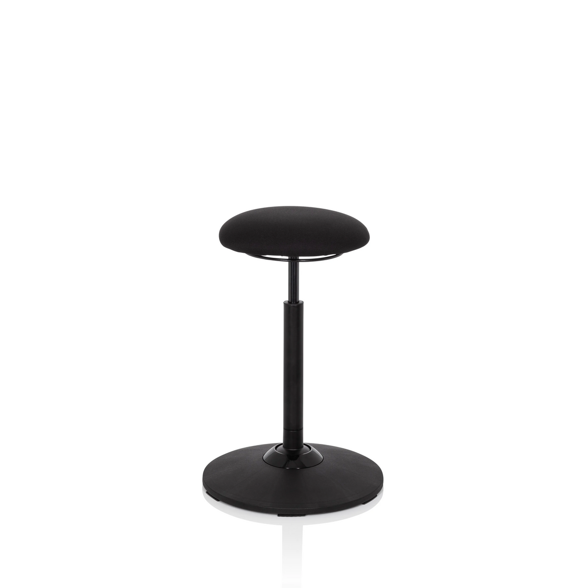 Schwarze Stehhilfe BALANCE SIT mit rundem Sitzpolster und kreisförmigem Standfuß von hjh OFFICE – 360-Grad-Ansicht (Frontansicht 0°)