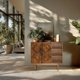 Kommode SANTJAGO WOOD L i mørkebrun trælook med to låger og en åben hylde fra hjh LIVING