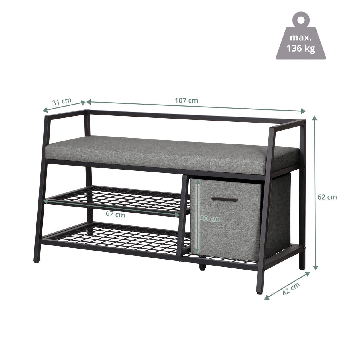 Maßzeichnung des Schuhschranks Estha Loft mit 107 × 62 cm und maximaler Belastbarkeit von 136 kg von hjh LIVING