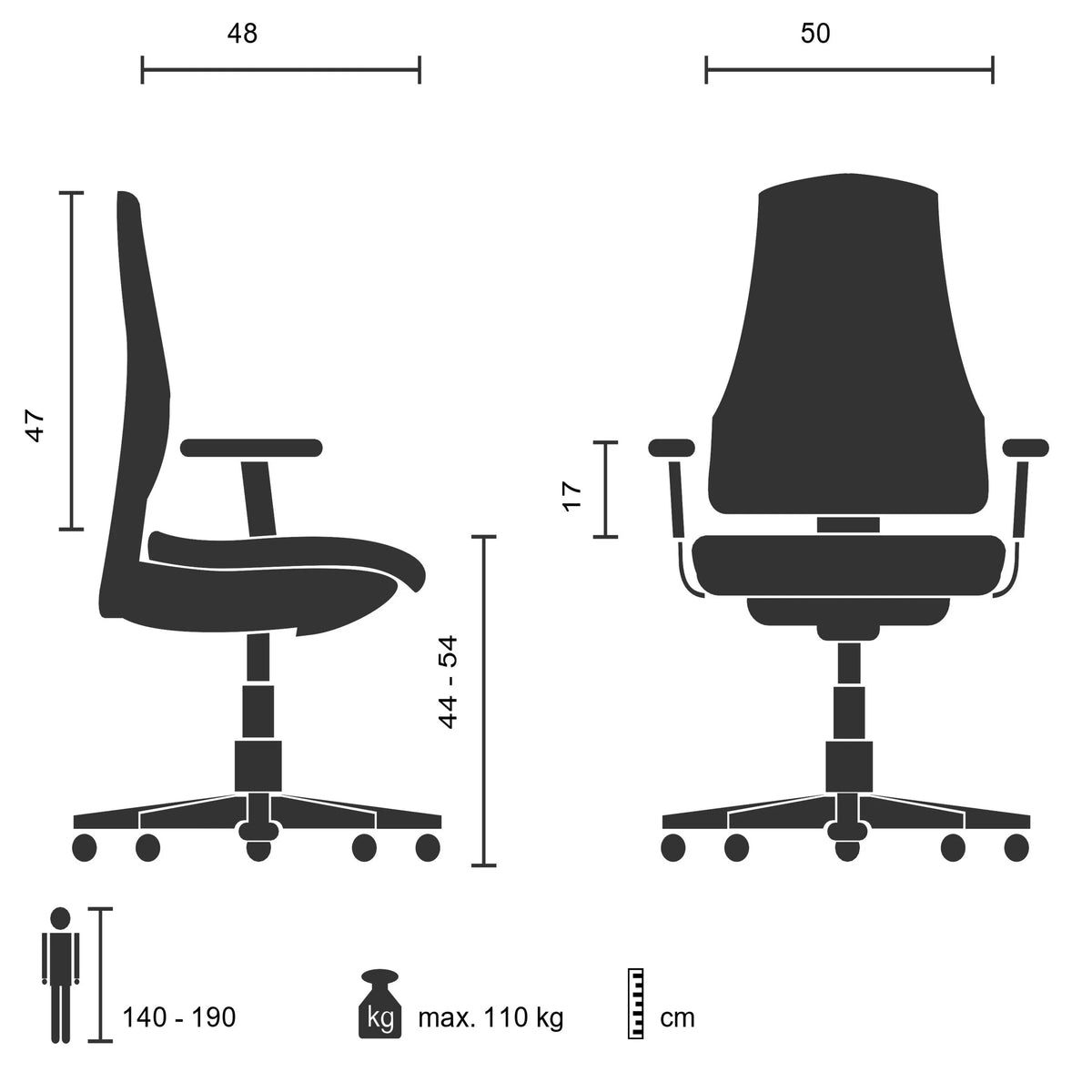 Technische Zeichnung des Homeoffice-Bürostuhls SARANTO mit einer Breite von 50 cm von hjh OFFICE