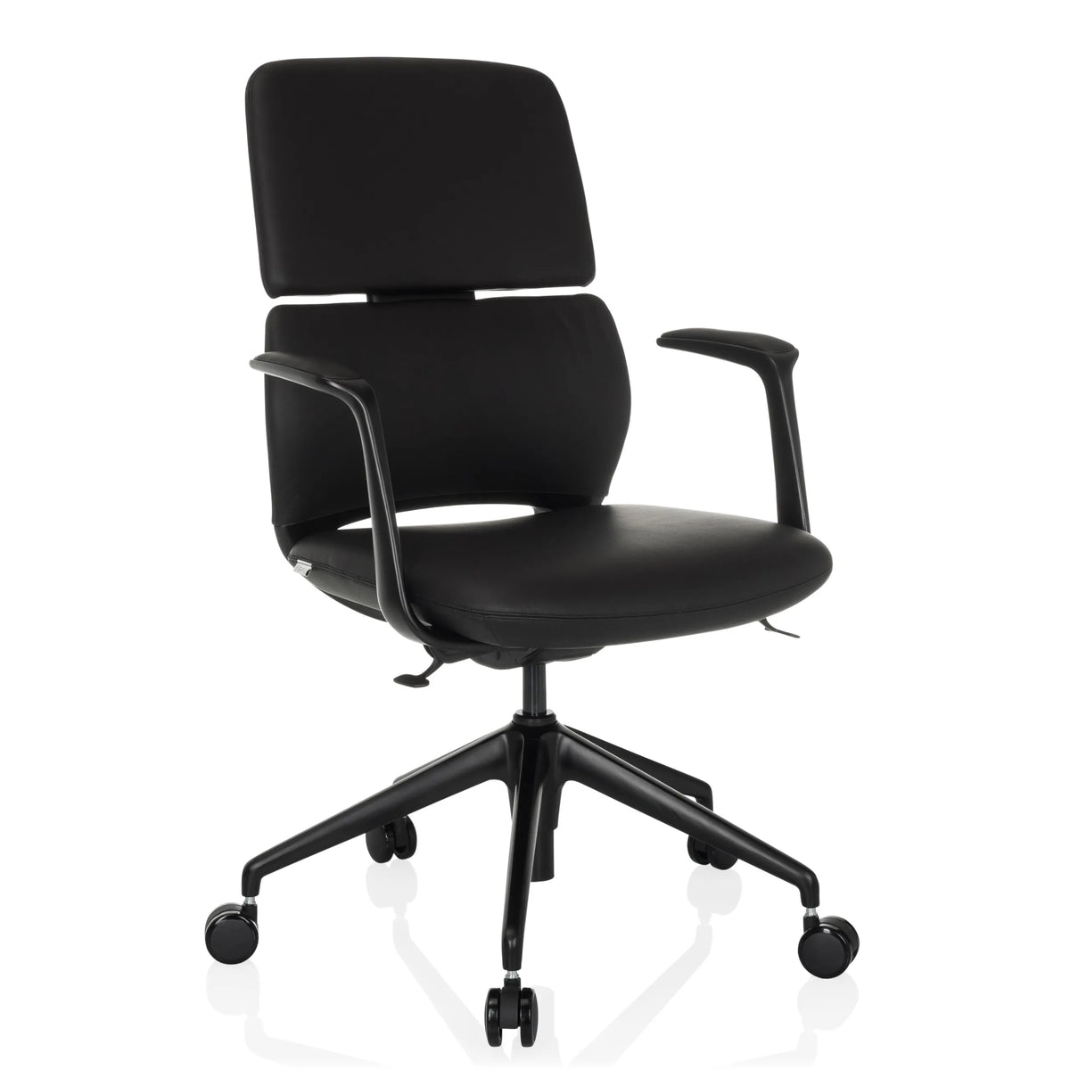 Sort Professionel kontorstol ATMOS DESIGNER med armlæn og femhjulet fodkryds fra hjh OFFICE – 360-graders visning (skråt forfra 30°)