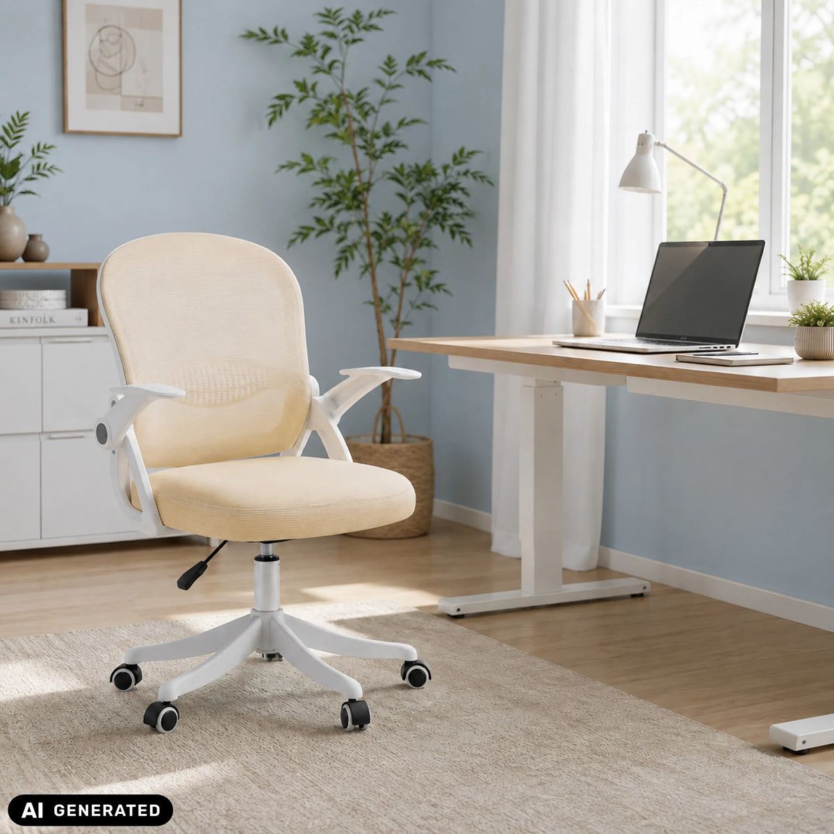 Beige Naluro Home Office kontorstol med hvide armlæn og fodkryds i et lyst lokale fra hjh OFFICE (AI-genereret billede)