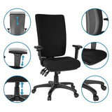 Sort Professionel kontorstol ZENIT HIGH med detaljevisninger af justeringsmulighederne fra hjh OFFICE