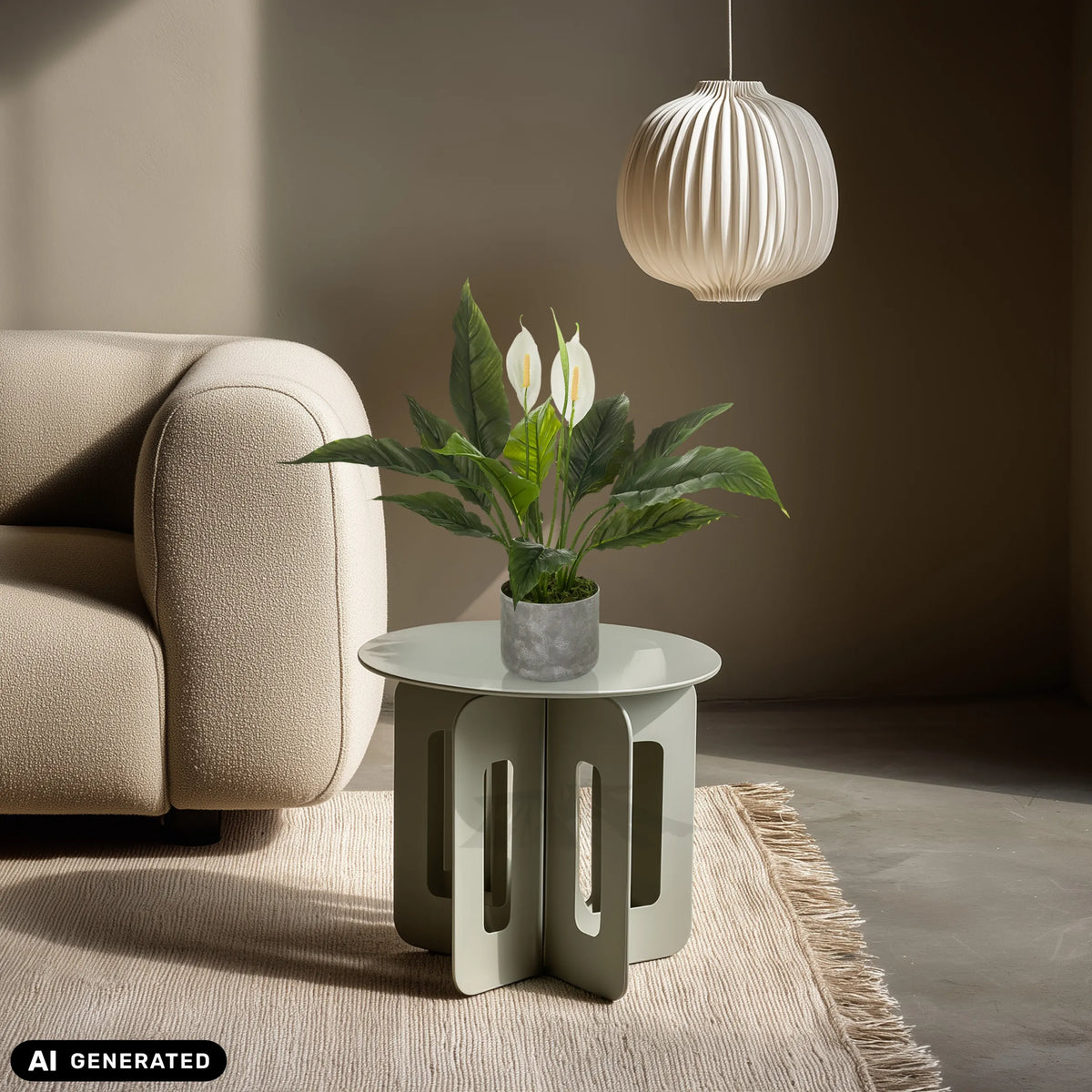Kunstig plante Spathiphyllum 1 i en grå potte på et sidebord fra hjh OFFICE (AI-genereret billede)