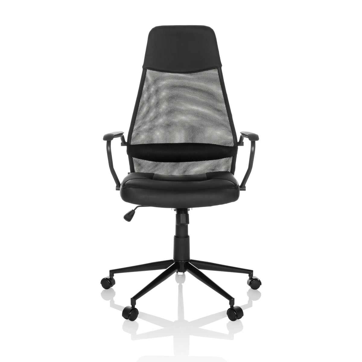 Sort Home Office chefstol MARCOZ med netryg og femhjulet fodkryds fra MyBuero – 360-graders visning (forfra 0°)