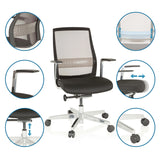 High End kontorstol FOUNTAINE PRO i sort med detaljevisninger af justeringsmuligheder og materialer fra hjh OFFICE
