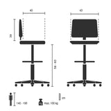 Teknisk tegning af Diskstol TOP WORK B med en siddehøjde på 58-83 cm fra hjh OFFICE