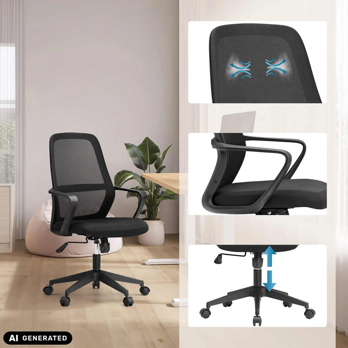 Home Office kontorstol Explorer i sort med netryg, armlæn og gaslift fra MyBuero (AI-genereret billede)