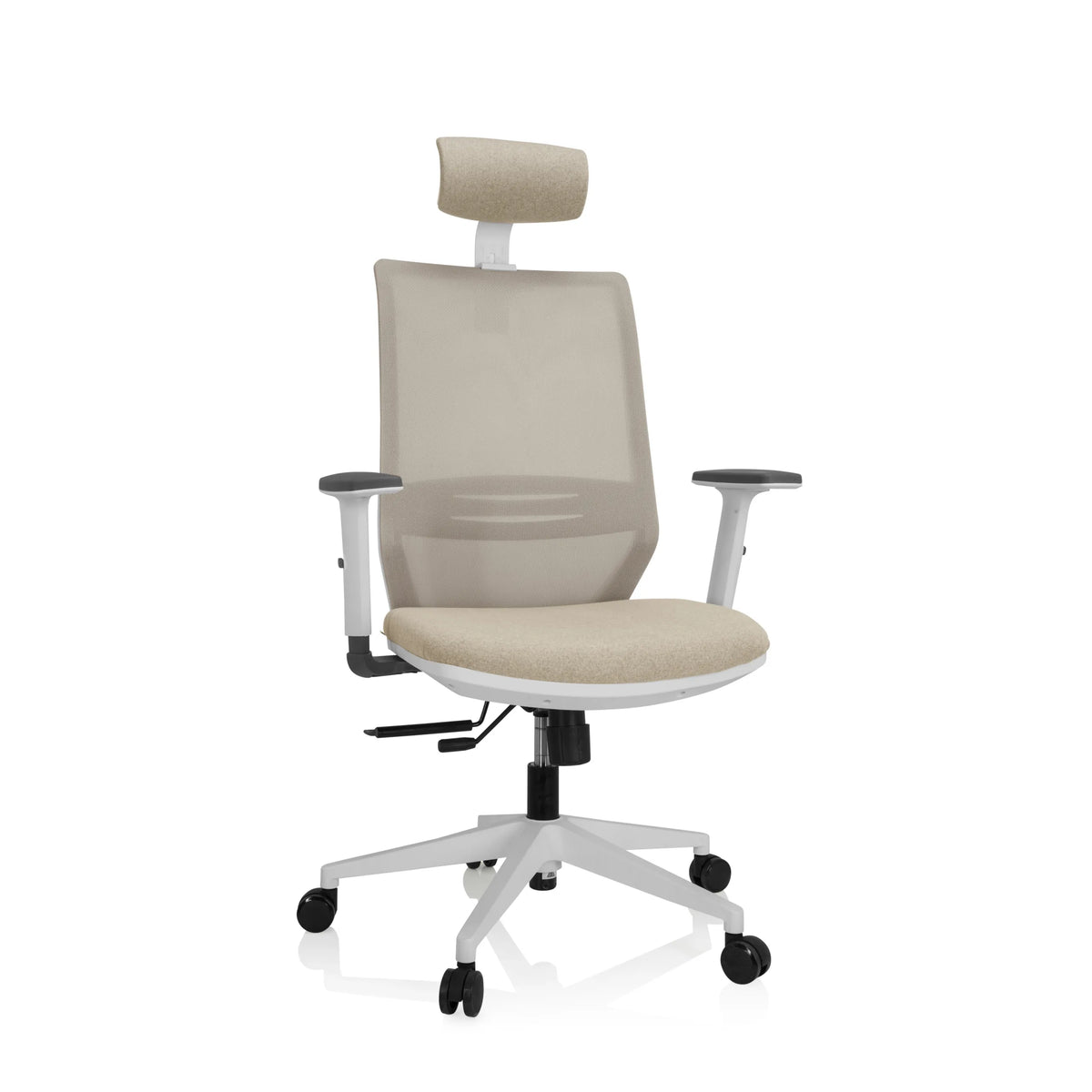 Beige Professionel kontorstol PROFONDO PRO W med netryg, nakkestøtte og hvidt femstjernet fodkryds fra hjh OFFICE – 360-graders visning (forfra 20°)