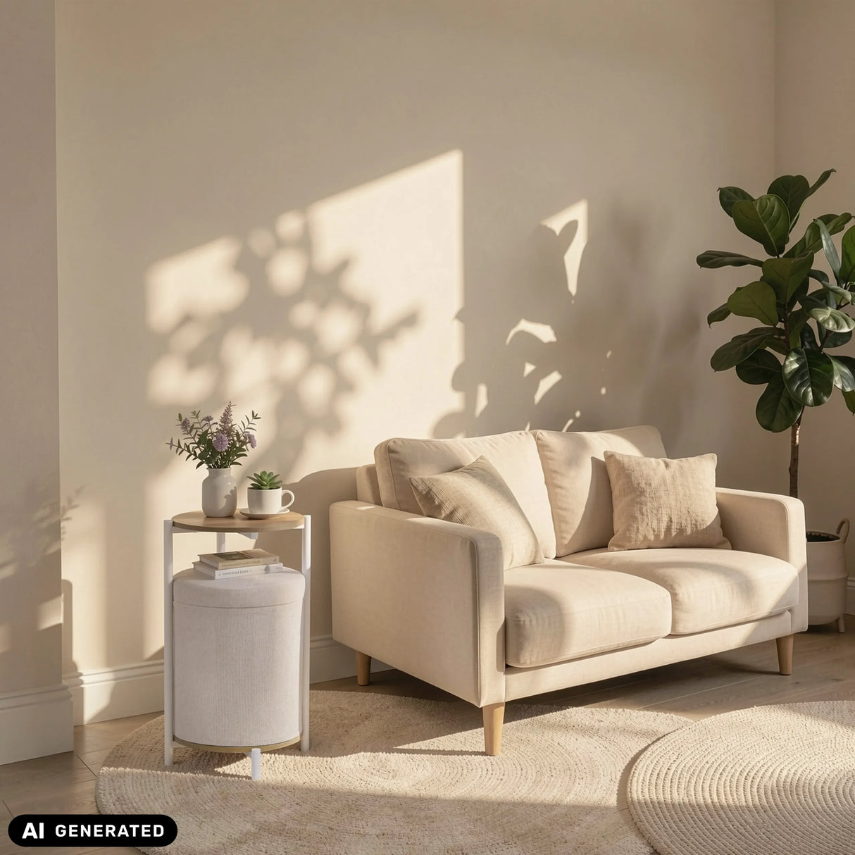 Sidebord Nestup 1 i hvid og eg med integreret taburet fra hjh LIVING (AI-genereret billede)