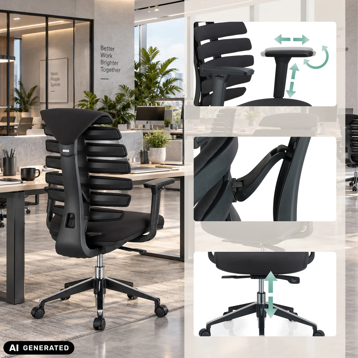 Justerbare armlæn og gasfjeder på den professionelle kontorstol ERGO LINE II i sort fra hjh OFFICE