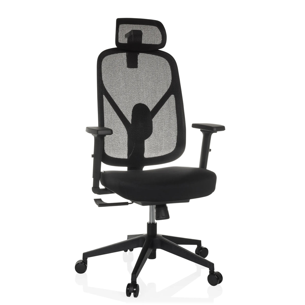 Sort Professionel kontorstol RALOO ECO med netryg og femstjernet fodkryds med hjul fra hjh OFFICE – 360-graders visning (forfra 15°)