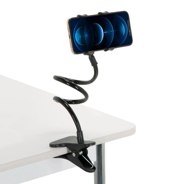 Sort Holder til mobiltelefon & tablet FLEXMOBI med fleksibel svanehals og bordklemme fra hjh OFFICE