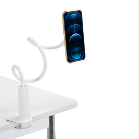 Hvid holder til mobiltelefon & tablet FLEXMOBI I med fleksibel svanehals og bordklemme fra hjh OFFICE