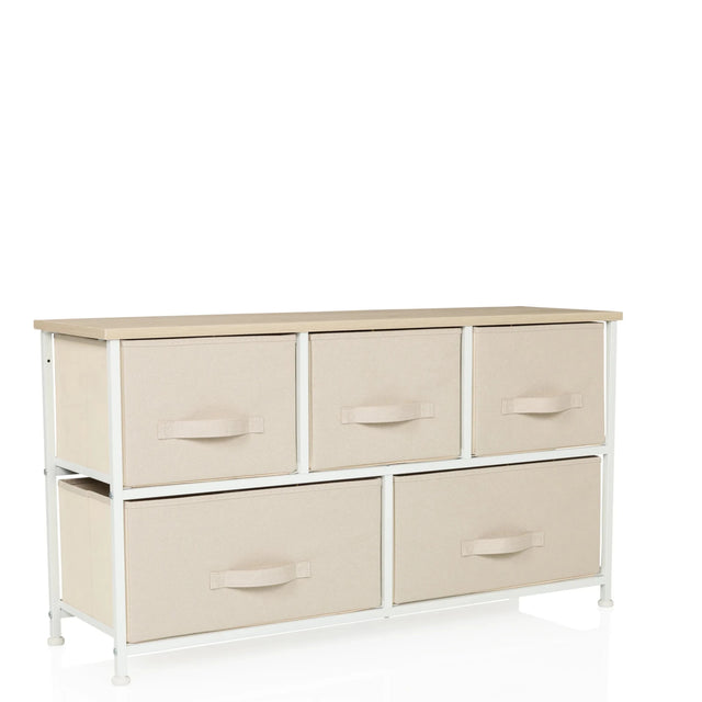 Beige Kommode FOLDAR med fem stofskuffer og lys træplade fra hjh LIVING