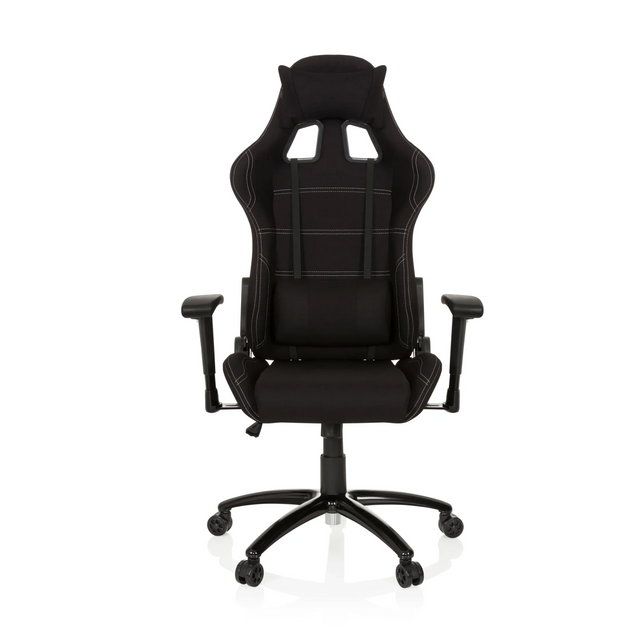 Sort Spillestol GAME FORCE med stofbetræk, hvide pynte syninger og armlæn fra hjh OFFICE