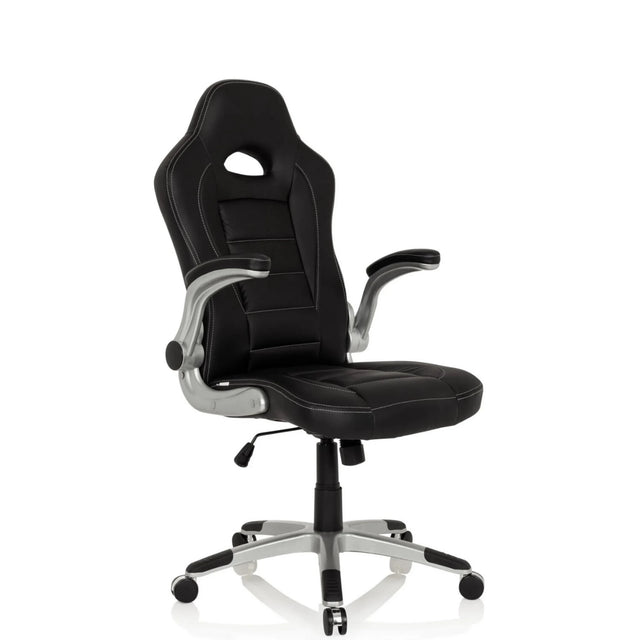 Schwarzer Gamingstuhl GAME SPORT mit silbernen Armlehnen und einem Fußkreuz auf Rollen von hjh OFFICE