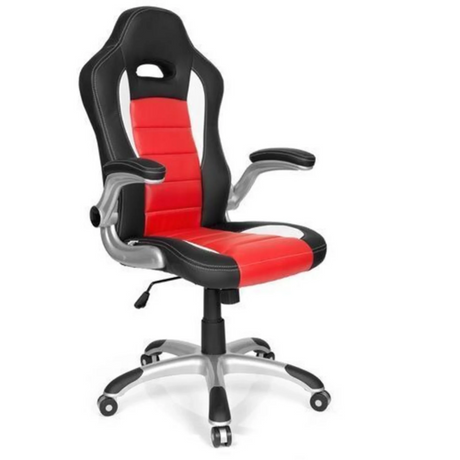 Spillestol GAME SPORT i sort og rød med sølvfarvede armlæn og rullefod fra hjh OFFICE