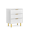 Hvid kommode Hjelle K med rillet frontdesign, tre guldfarvede greb og fire gyldne fødder fra hjh LIVING